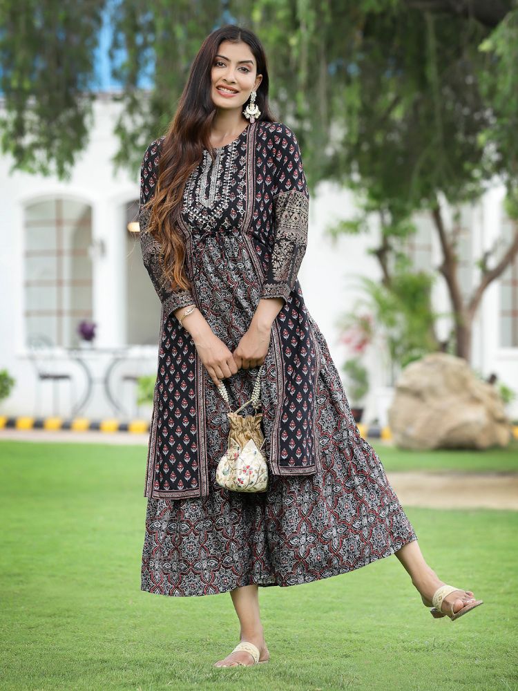Juniper Women Black Chanderi Festive Printed Tiered Kurta | Grocsy
