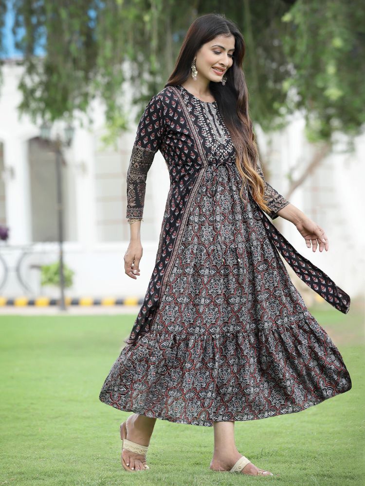 Juniper Women Black Chanderi Festive Printed Tiered Kurta | Grocsy