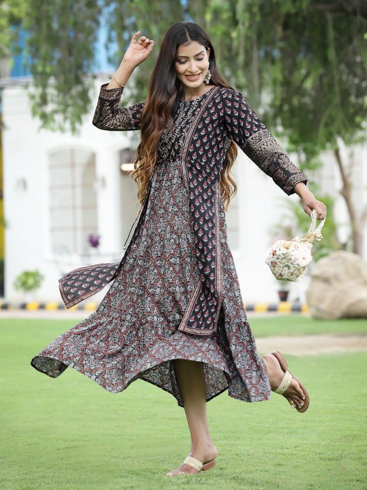 Juniper Women Black Chanderi Festive Printed Tiered Kurta | Grocsy