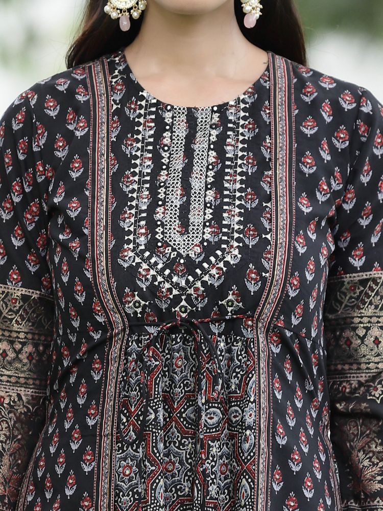 Juniper Women Black Chanderi Festive Printed Tiered Kurta | Grocsy