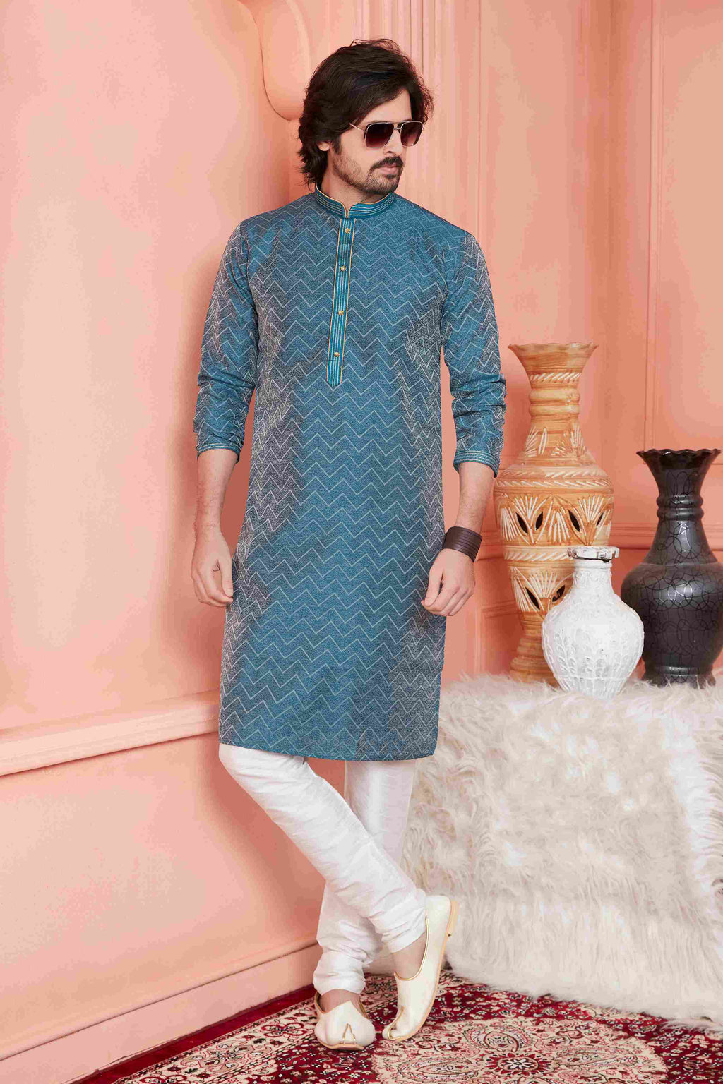 Raivat Ethnic Jacquard Banarasi Silk Pintux Work Kurta Pajama In Teal Blue Colour | Grocsy