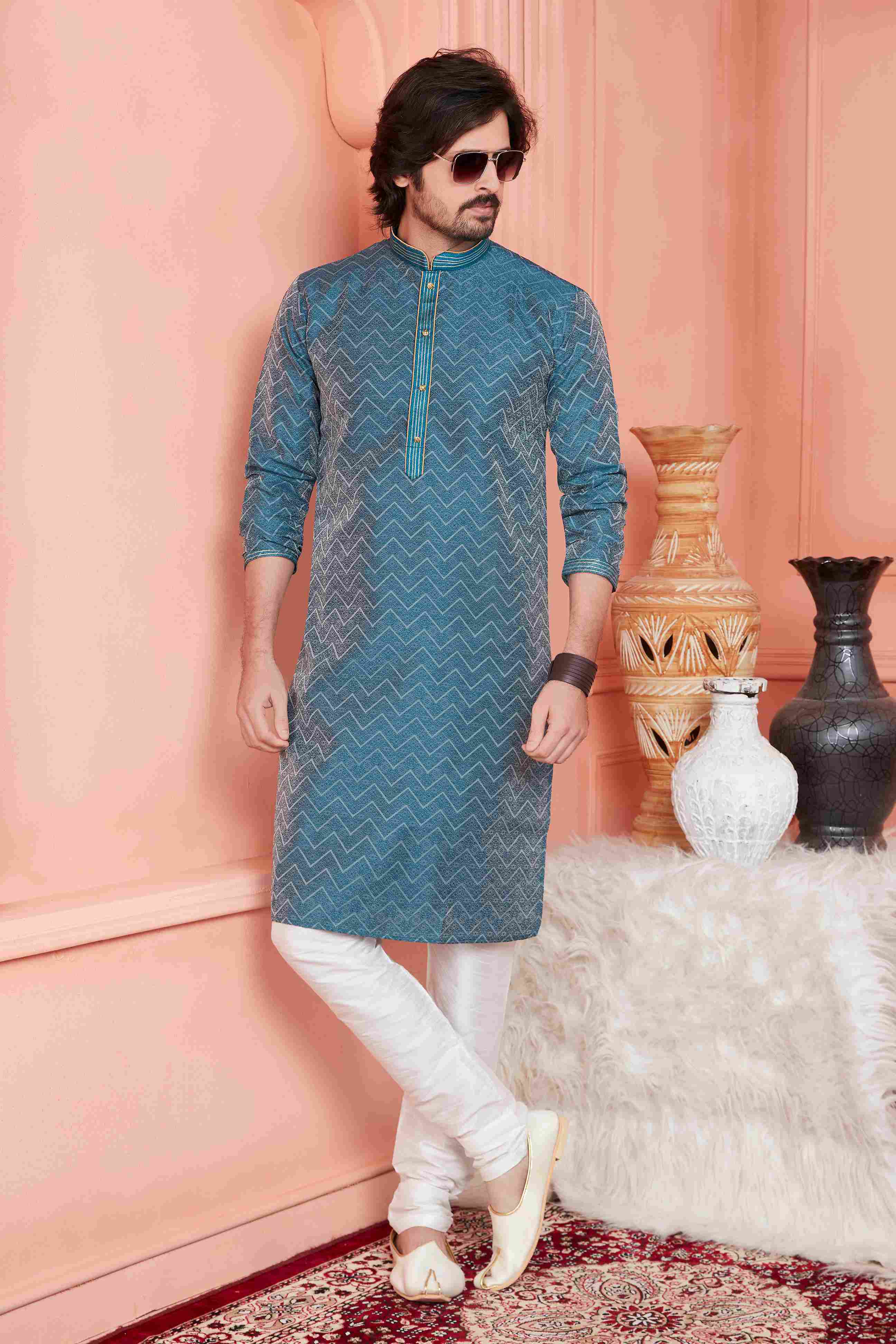 Raivat Ethnic Jacquard Banarasi Silk Pintux Work Kurta Pajama In Teal Blue Colour | Grocsy
