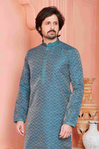 Raivat Ethnic Jacquard Banarasi Silk Pintux Work Kurta Pajama In Teal Blue Colour | Grocsy