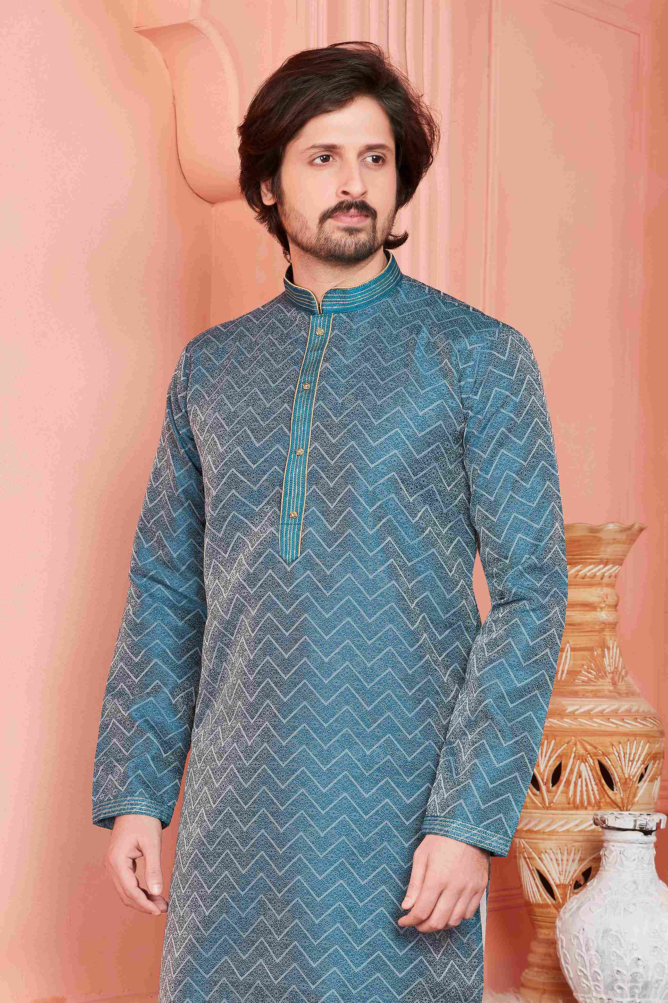 Raivat Ethnic Jacquard Banarasi Silk Pintux Work Kurta Pajama In Teal Blue Colour | Grocsy