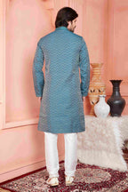 Raivat Ethnic Jacquard Banarasi Silk Pintux Work Kurta Pajama In Teal Blue Colour | Grocsy