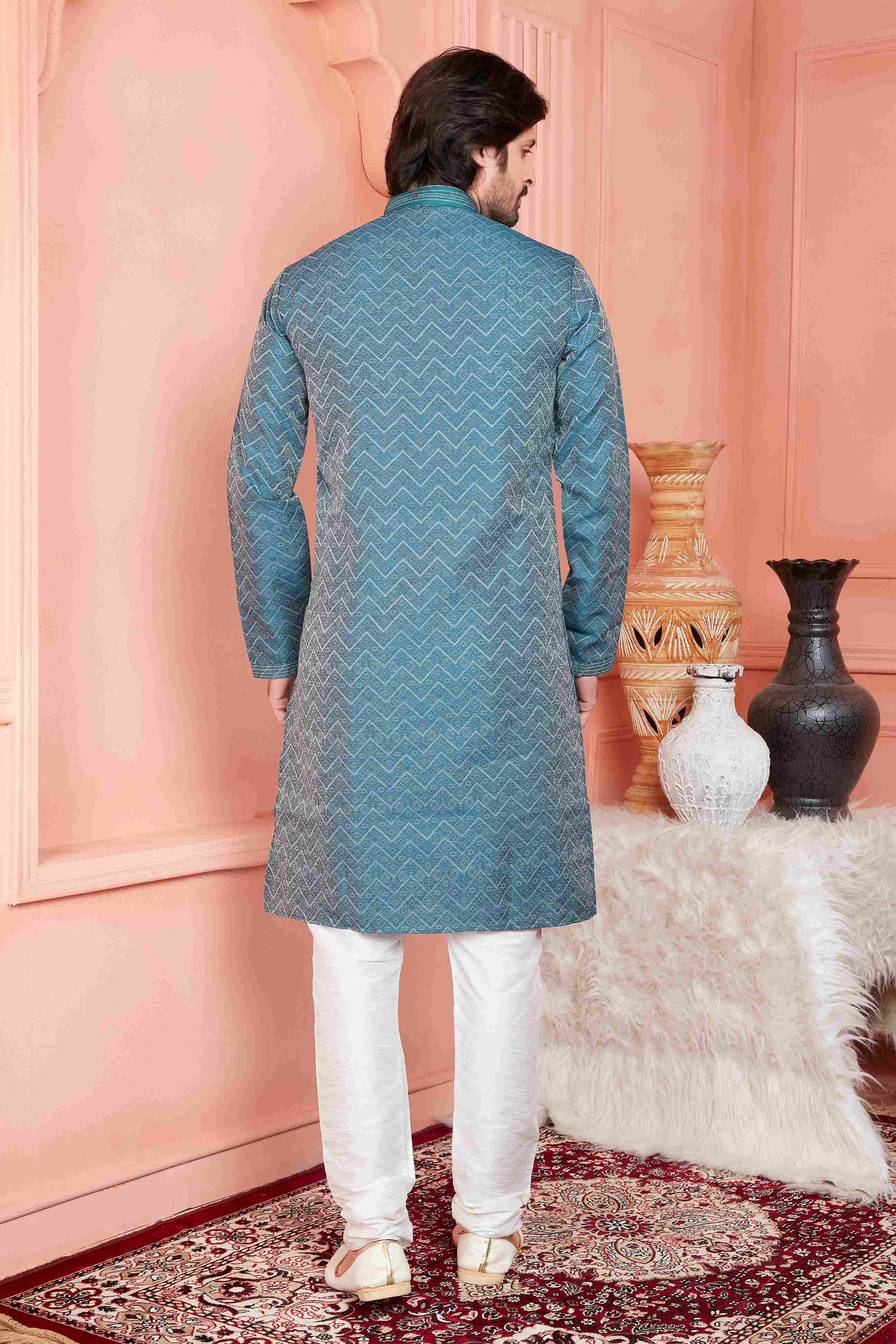 Raivat Ethnic Jacquard Banarasi Silk Pintux Work Kurta Pajama In Teal Blue Colour | Grocsy