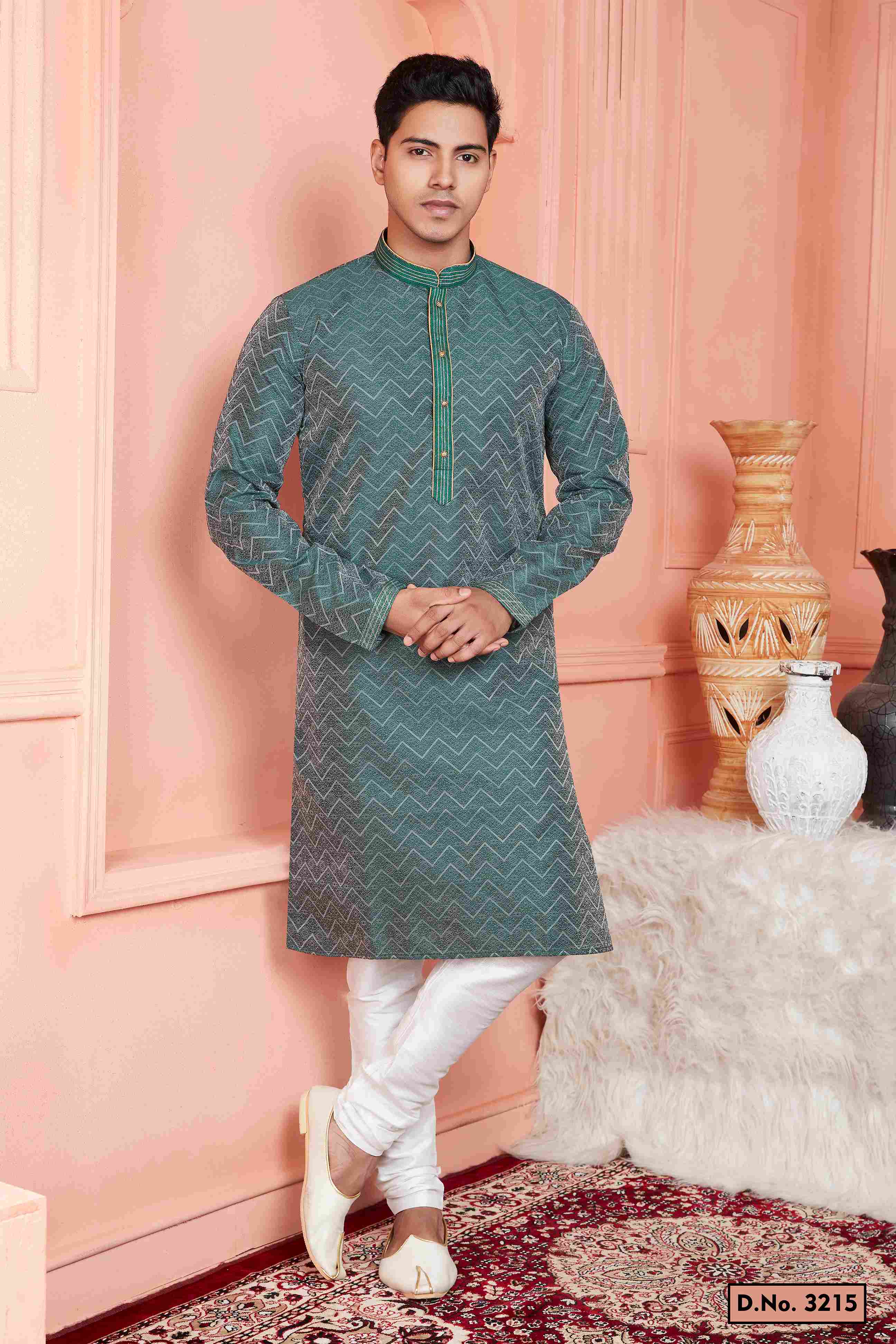 Raivat Ethnic Jacquard Banarasi Silk Pintux Work Kurta Pajama In Rama Green Colour | Grocsy