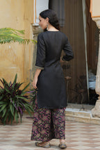 Juniper Black Satin Slub Festive Printed Straight Kurta Suit Set For Women | Grocsy