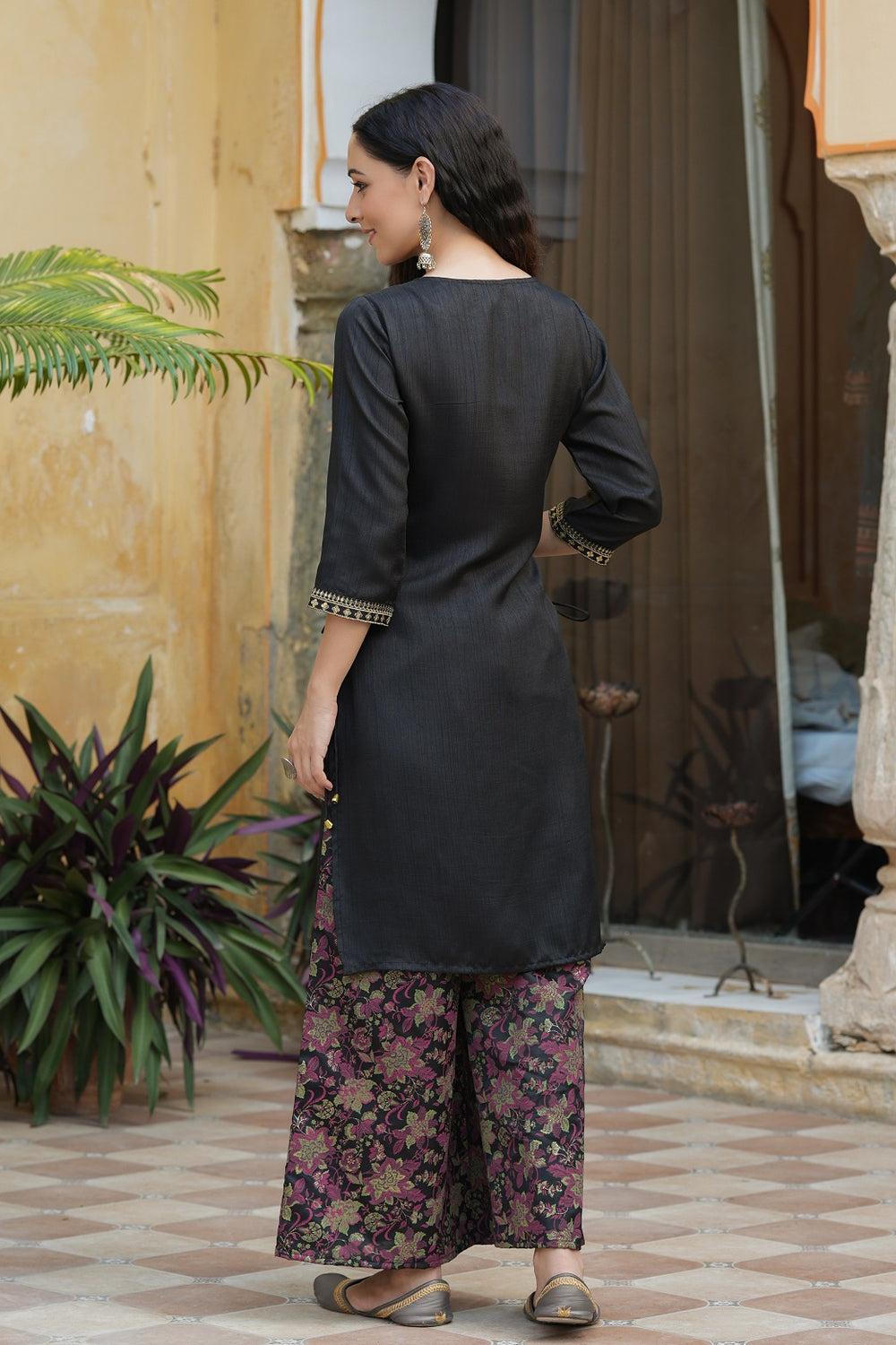 Juniper Black Satin Slub Festive Printed Straight Kurta Suit Set For Women | Grocsy