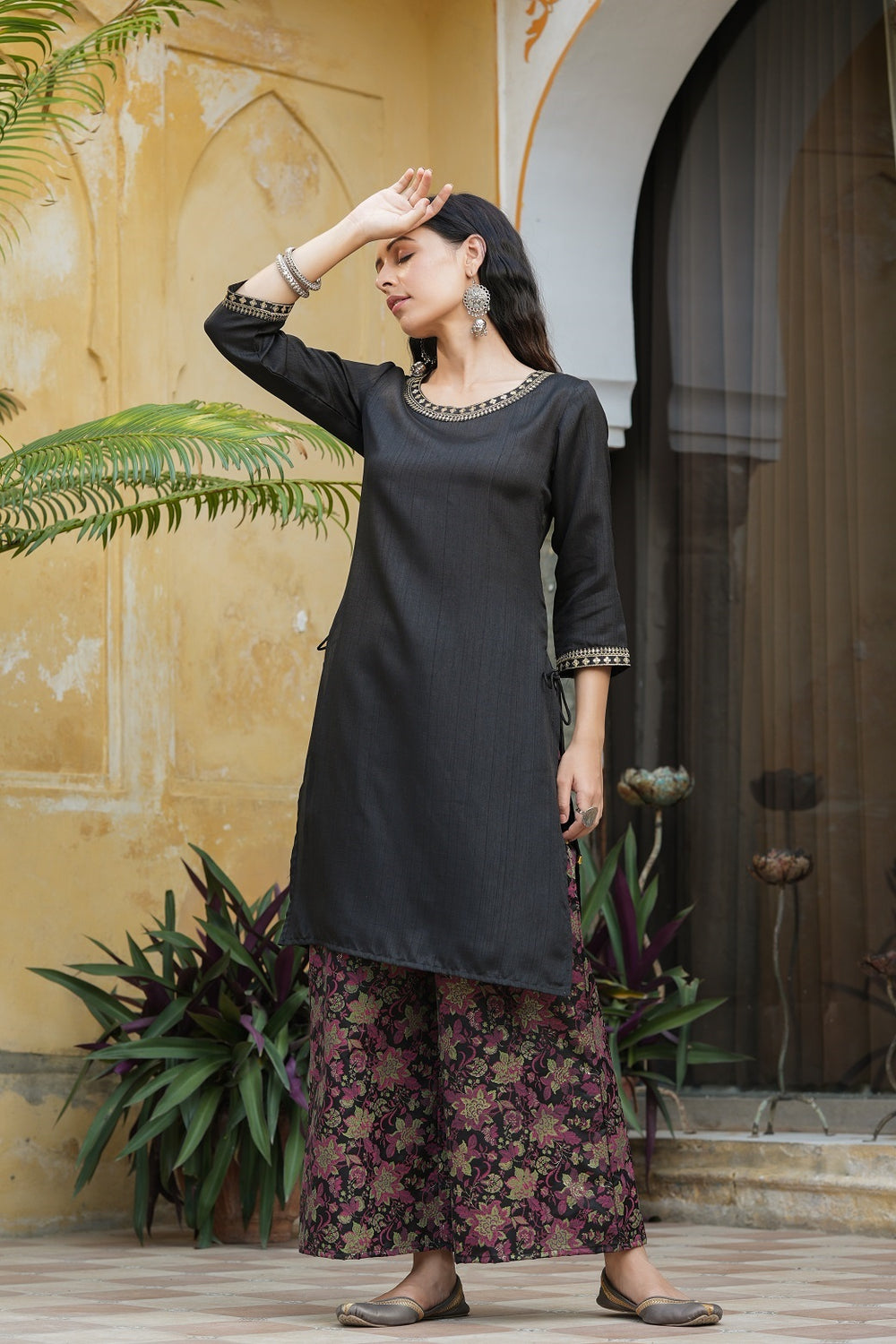 Juniper Black Satin Slub Festive Printed Straight Kurta Suit Set For Women | Grocsy
