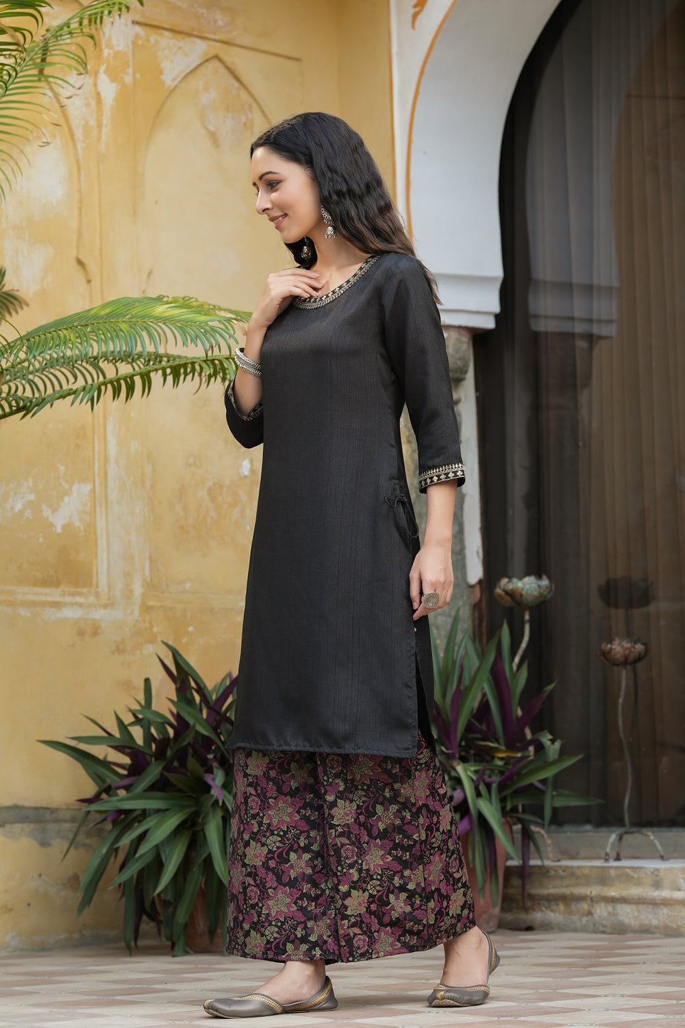 Juniper Black Satin Slub Festive Printed Straight Kurta Suit Set For Women | Grocsy