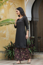 Juniper Black Satin Slub Festive Printed Straight Kurta Suit Set For Women | Grocsy