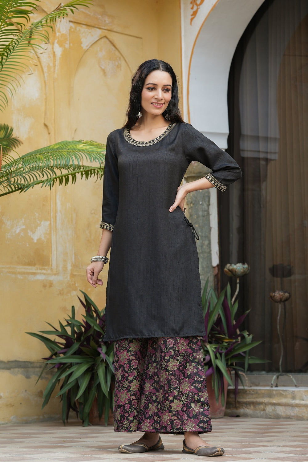 Juniper Black Satin Slub Festive Printed Straight Kurta Suit Set For Women | Grocsy