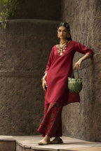 Juniper Maroon Satin Slub Festive Printed Straight Kurta Suit Set For Women | Grocsy
