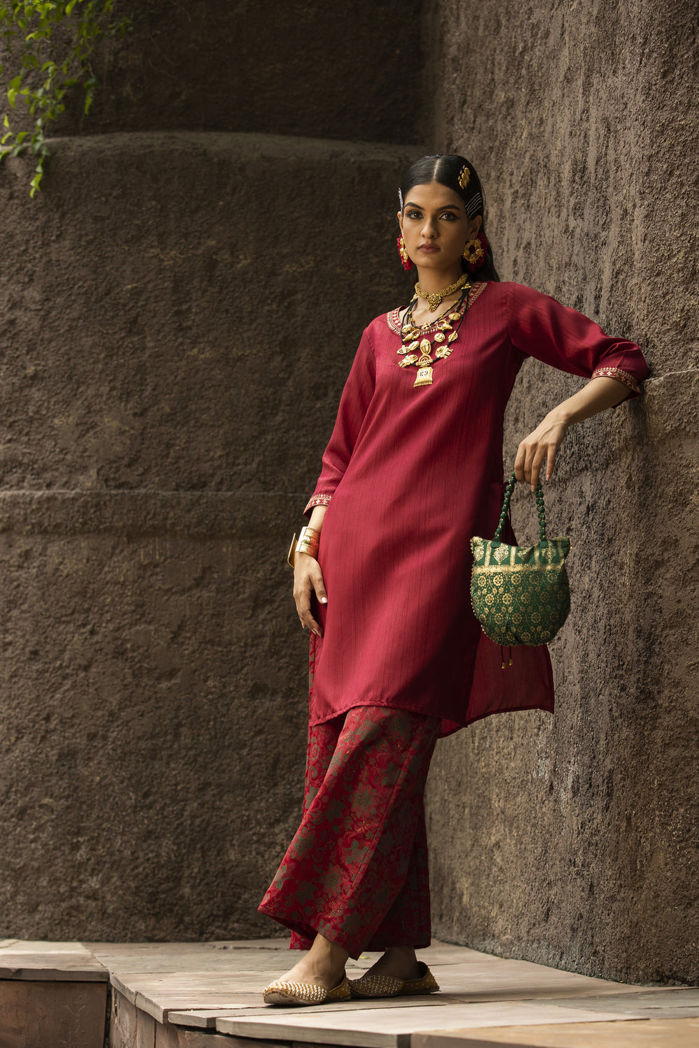 Juniper Maroon Satin Slub Festive Printed Straight Kurta Suit Set For Women | Grocsy