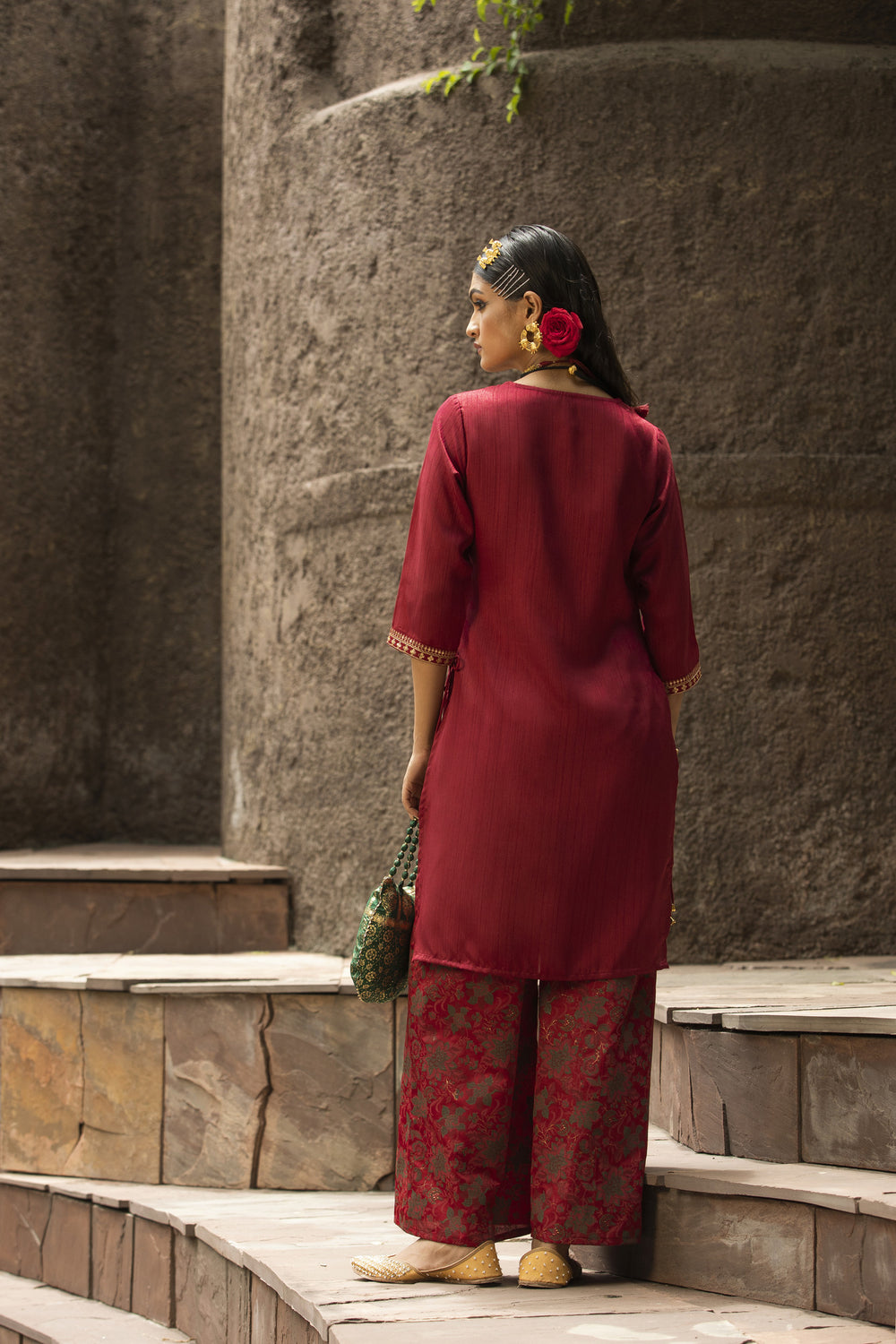 Juniper Maroon Satin Slub Festive Printed Straight Kurta Suit Set For Women | Grocsy