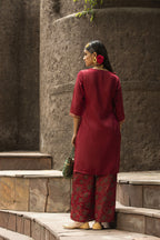 Juniper Maroon Satin Slub Festive Printed Straight Kurta Suit Set For Women | Grocsy