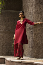 Juniper Maroon Satin Slub Festive Printed Straight Kurta Suit Set For Women | Grocsy