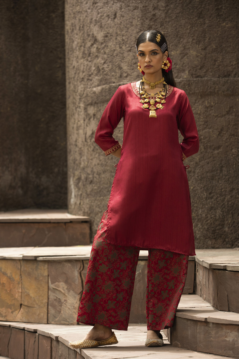 Juniper Maroon Satin Slub Festive Printed Straight Kurta Suit Set For Women | Grocsy