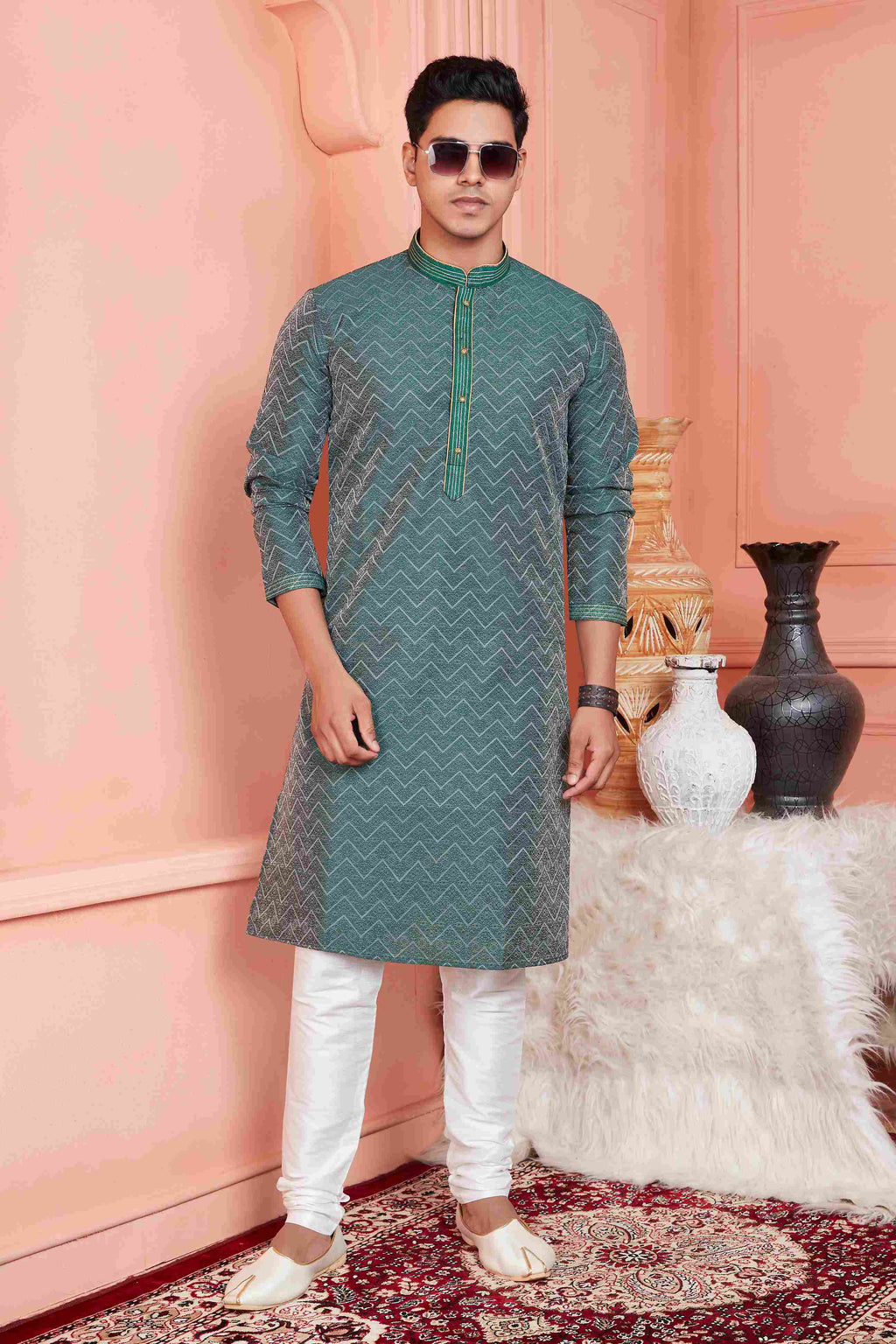 Raivat Ethnic Jacquard Banarasi Silk Pintux Work Kurta Pajama In Rama Green Colour | Grocsy