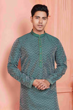 Raivat Ethnic Jacquard Banarasi Silk Pintux Work Kurta Pajama In Rama Green Colour | Grocsy