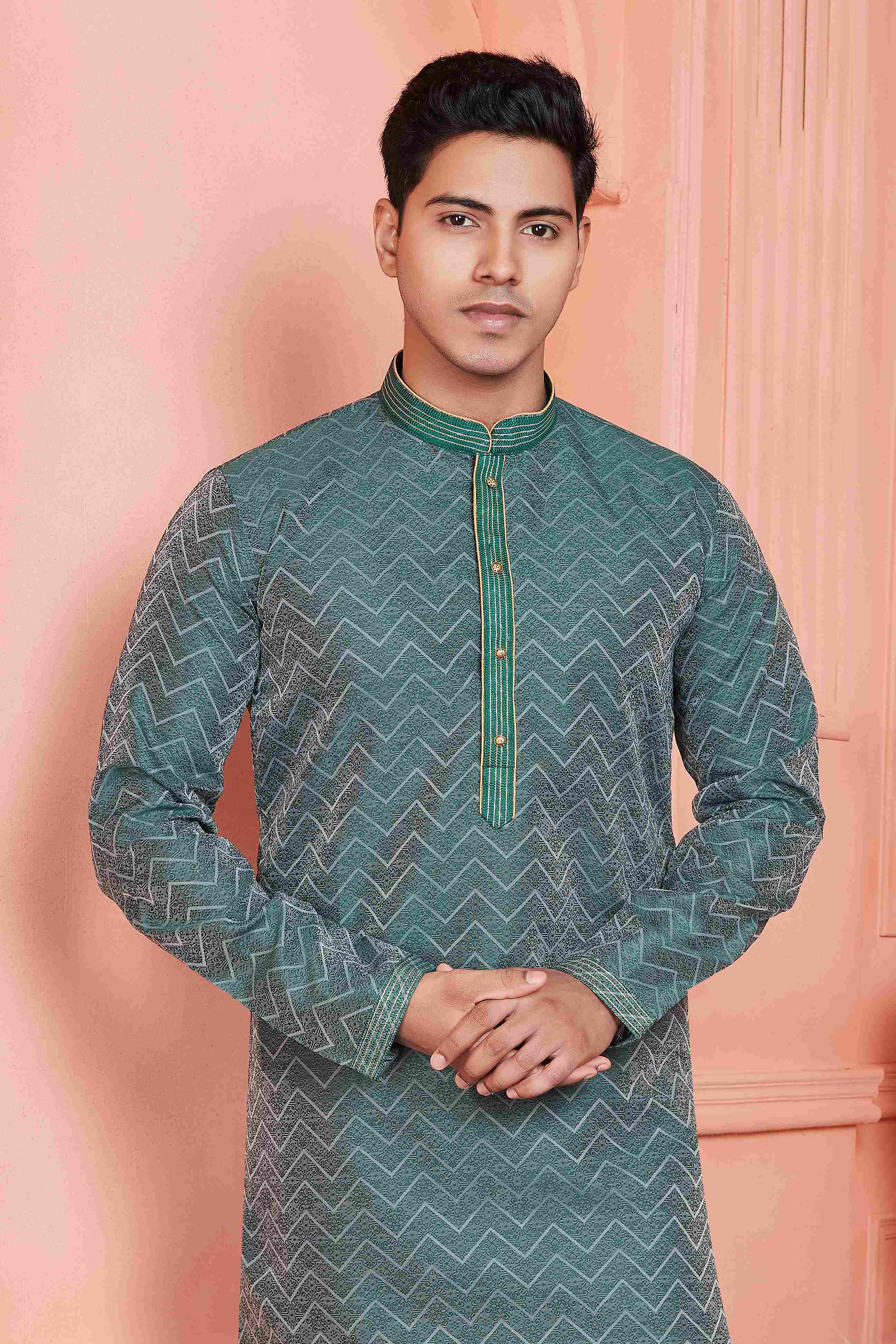 Raivat Ethnic Jacquard Banarasi Silk Pintux Work Kurta Pajama In Rama Green Colour | Grocsy