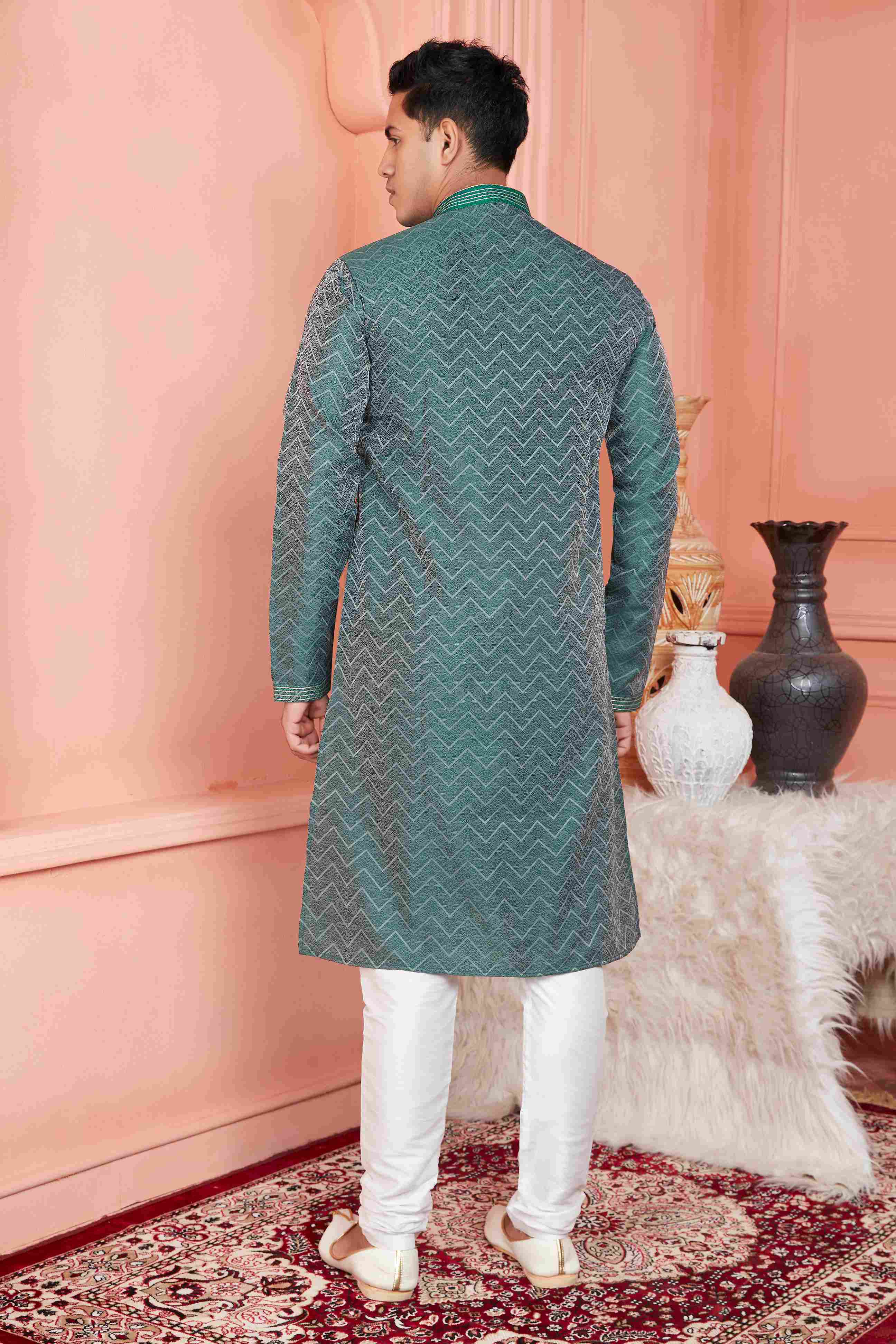 Raivat Ethnic Jacquard Banarasi Silk Pintux Work Kurta Pajama In Rama Green Colour | Grocsy
