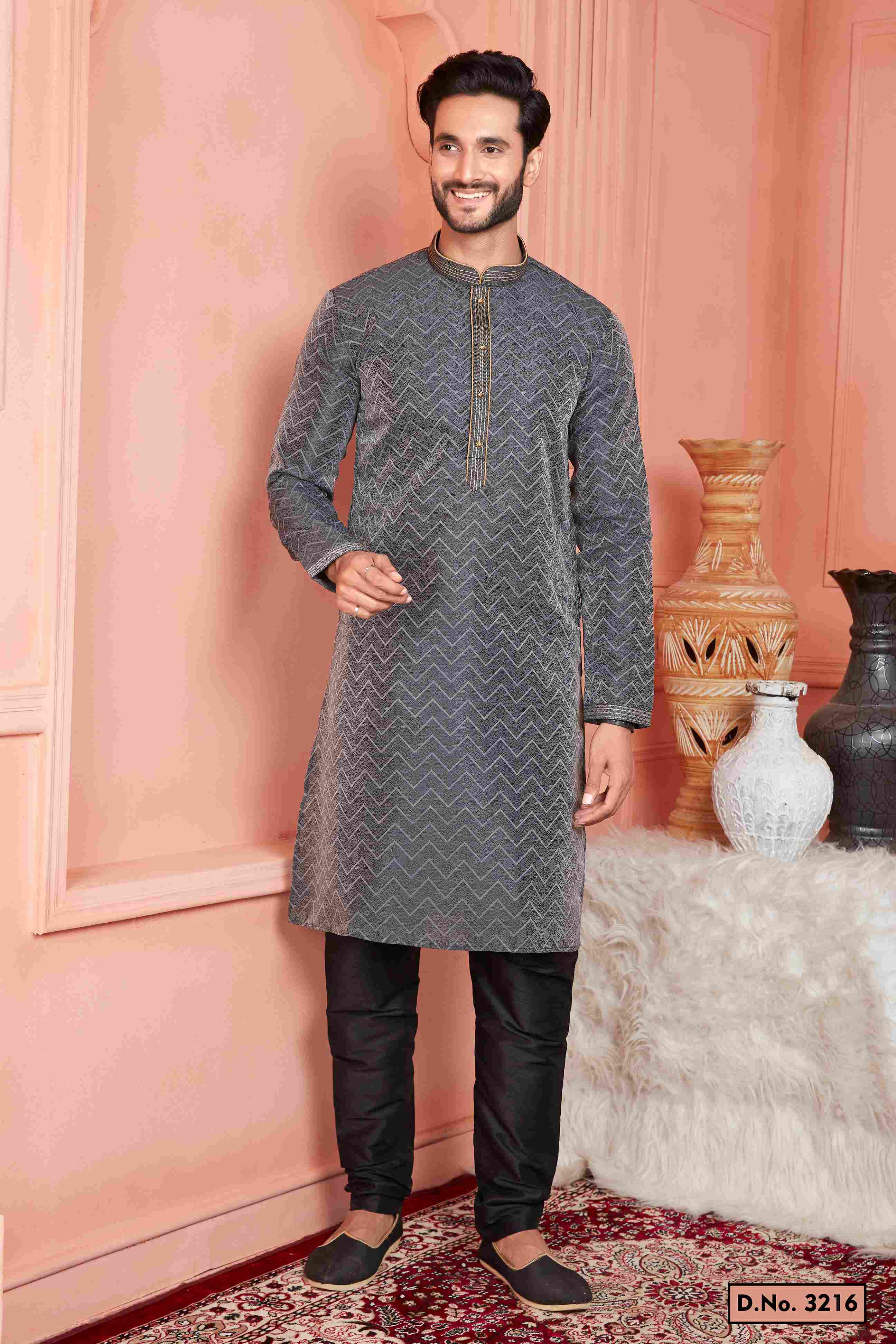 Raivat Ethnic Jacquard Banarasi Silk Pintux Work Kurta Pajama In Black Colour | Grocsy