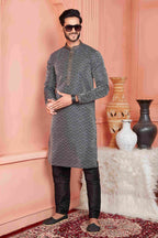 Raivat Ethnic Jacquard Banarasi Silk Pintux Work Kurta Pajama In Black Colour | Grocsy