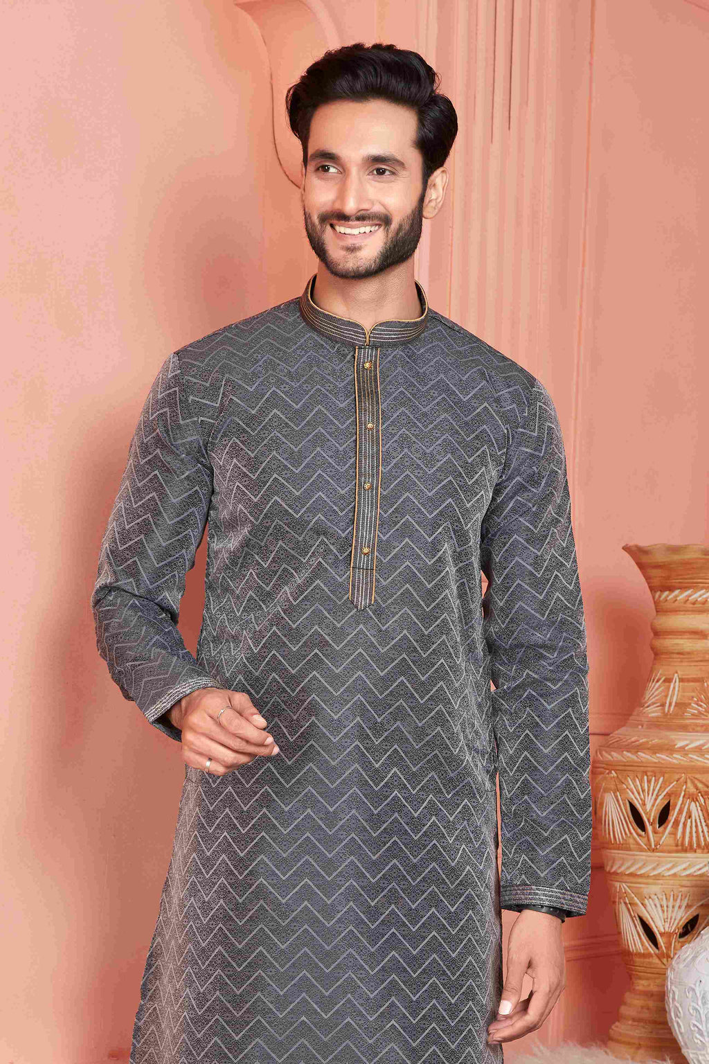 Raivat Ethnic Jacquard Banarasi Silk Pintux Work Kurta Pajama In Black Colour | Grocsy