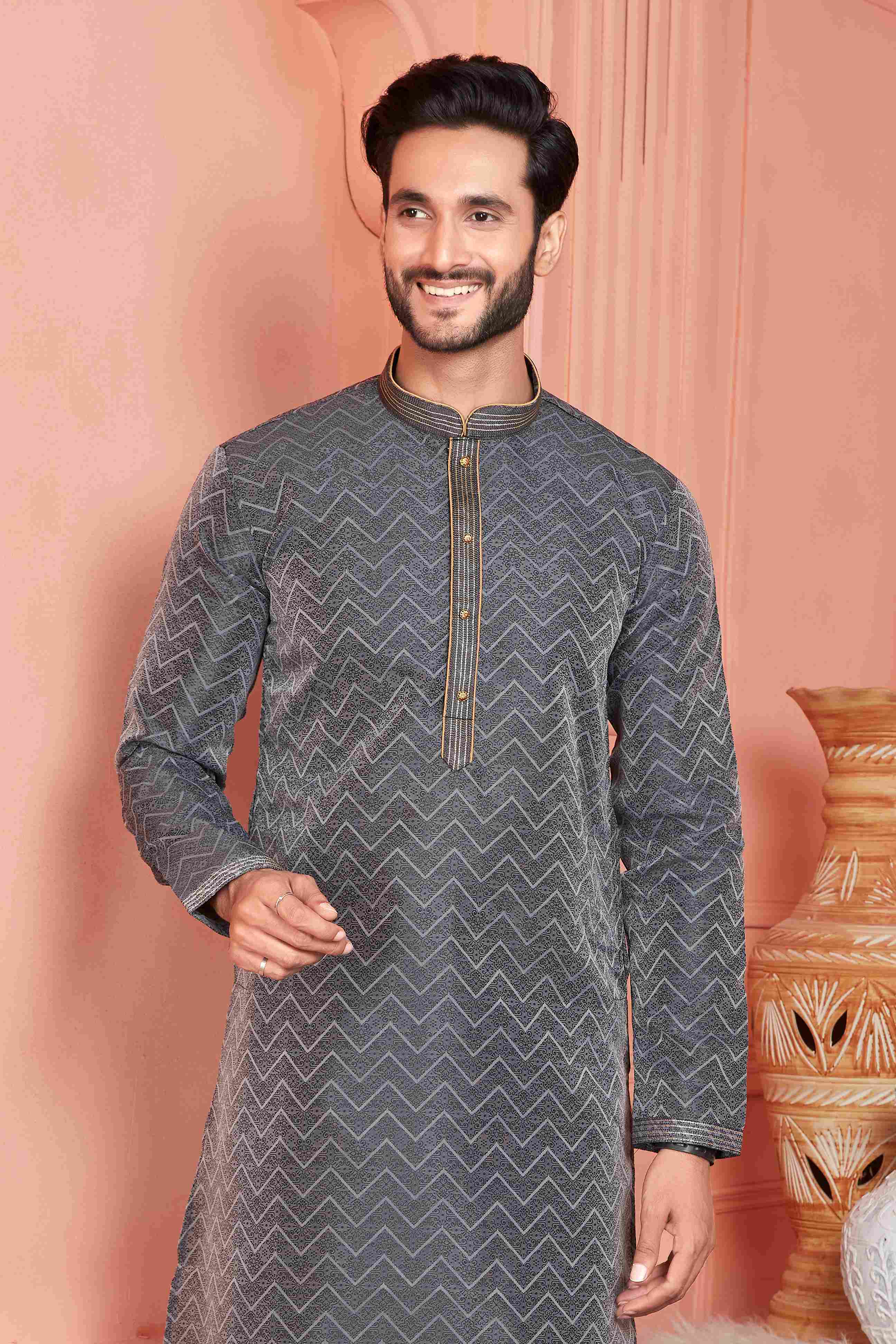 Raivat Ethnic Jacquard Banarasi Silk Pintux Work Kurta Pajama In Black Colour | Grocsy