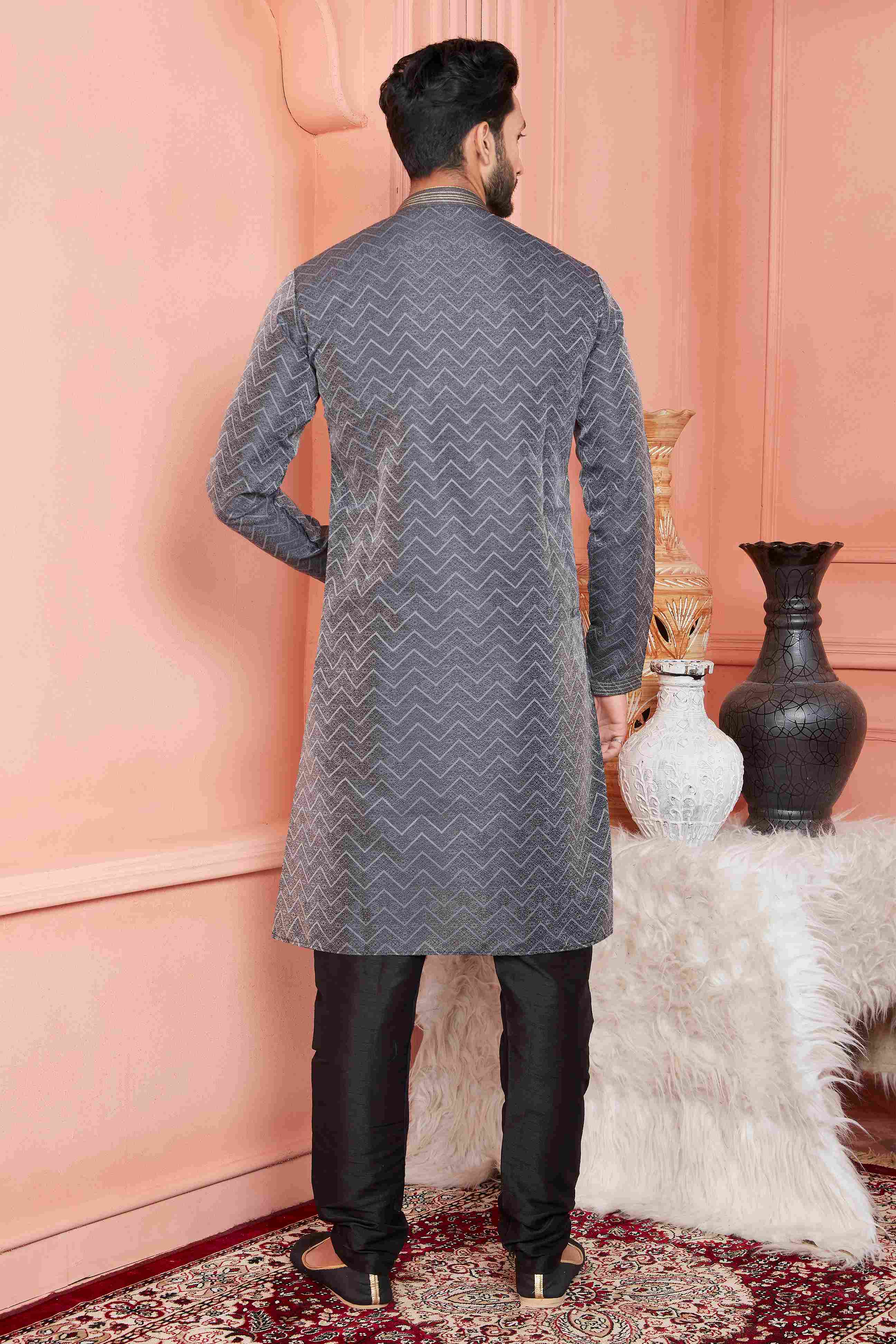 Raivat Ethnic Jacquard Banarasi Silk Pintux Work Kurta Pajama In Black Colour | Grocsy