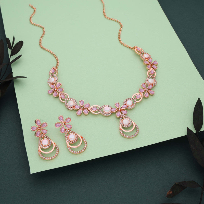 Tehzeeb Creations Rose Gold-Polished Lavender Colour Necklace With Stud | Grocsy