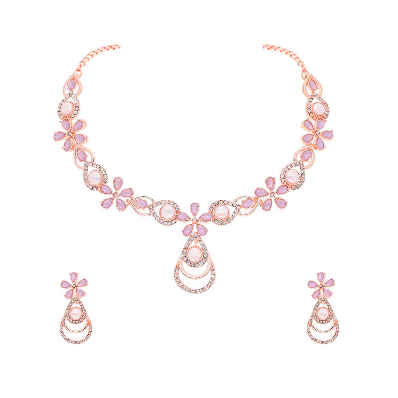Tehzeeb Creations Rose Gold-Polished Lavender Colour Necklace With Stud | Grocsy