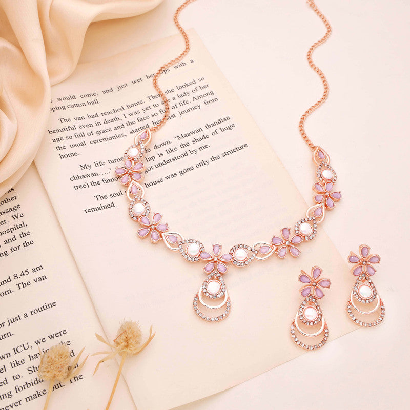 Tehzeeb Creations Rose Gold-Polished Lavender Colour Necklace With Stud | Grocsy