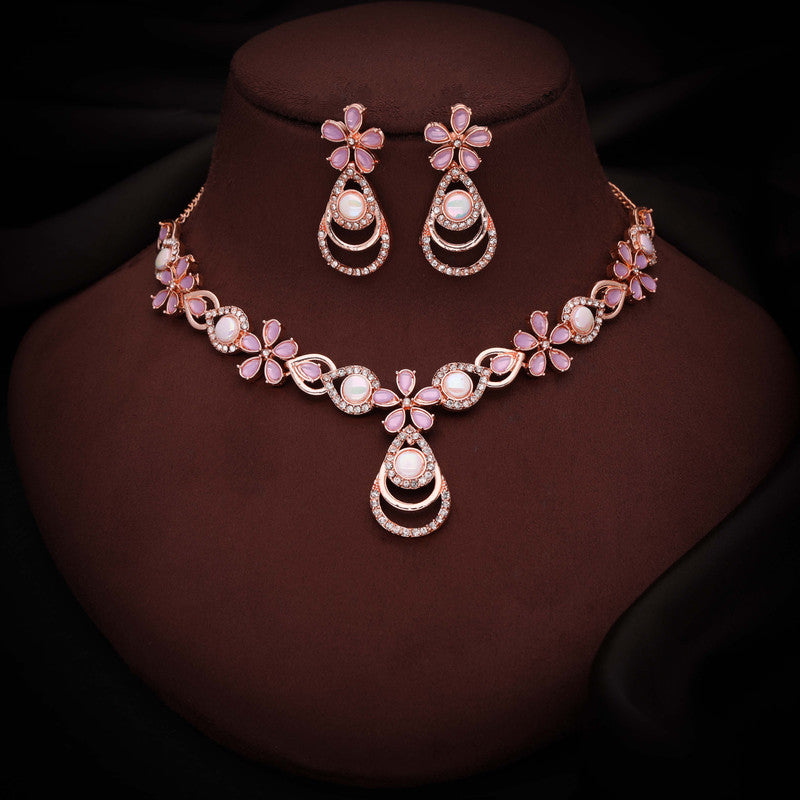 Tehzeeb Creations Rose Gold-Polished Lavender Colour Necklace With Stud | Grocsy