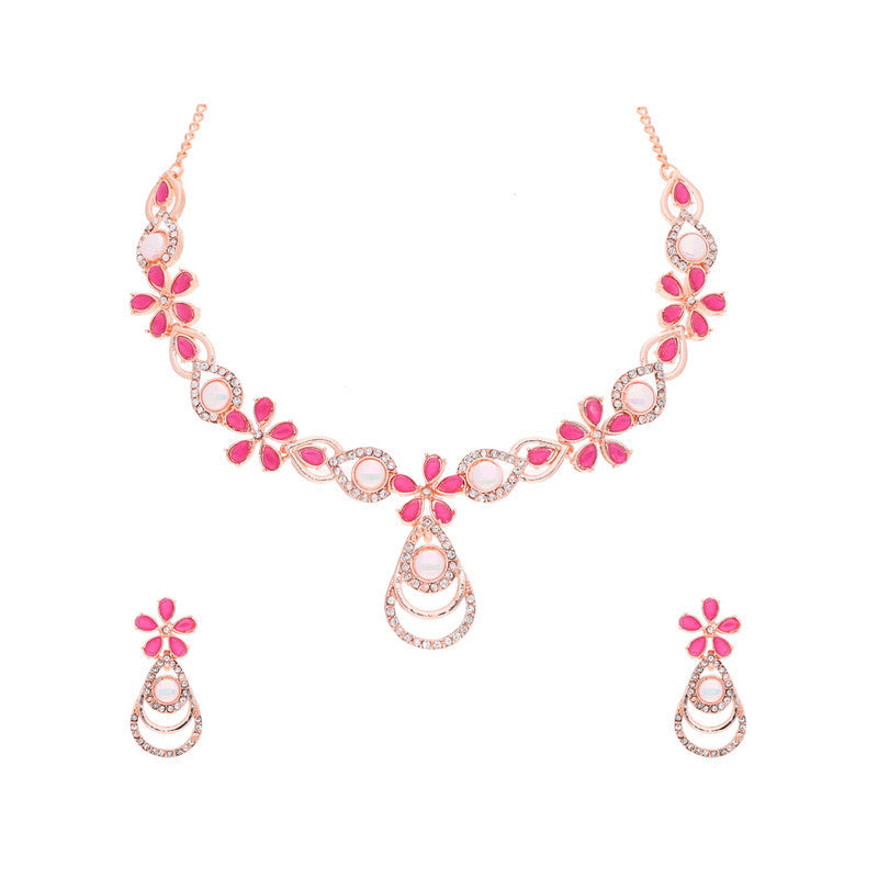 Tehzeeb Creations Rose Gold-Polished Pink Colour Necklace With Stud | Grocsy