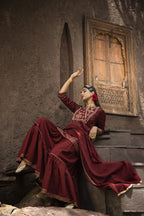 Juniper Maroon Satin Slub Festive Embroidered Printed Straight Kurta Skirt Dupatta Set | Grocsy