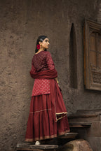 Juniper Maroon Satin Slub Festive Embroidered Printed Straight Kurta Skirt Dupatta Set | Grocsy
