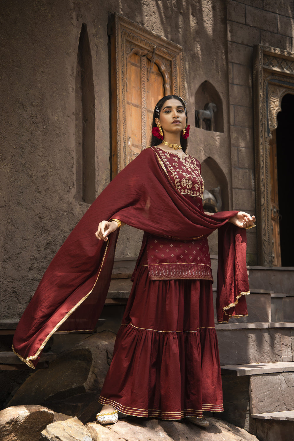 Juniper Maroon Satin Slub Festive Embroidered Printed Straight Kurta Skirt Dupatta Set | Grocsy