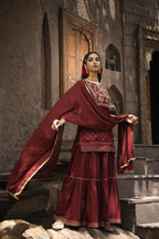 Juniper Maroon Satin Slub Festive Embroidered Printed Straight Kurta Skirt Dupatta Set | Grocsy