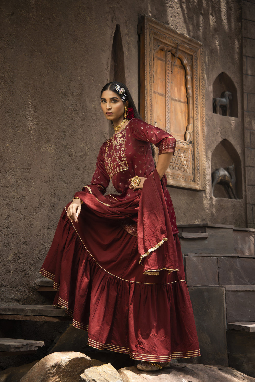 Juniper Maroon Satin Slub Festive Embroidered Printed Straight Kurta Skirt Dupatta Set | Grocsy