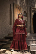 Juniper Maroon Satin Slub Festive Embroidered Printed Straight Kurta Skirt Dupatta Set | Grocsy