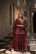 Juniper Maroon Satin Slub Festive Embroidered Printed Straight Kurta Skirt Dupatta Set | Grocsy