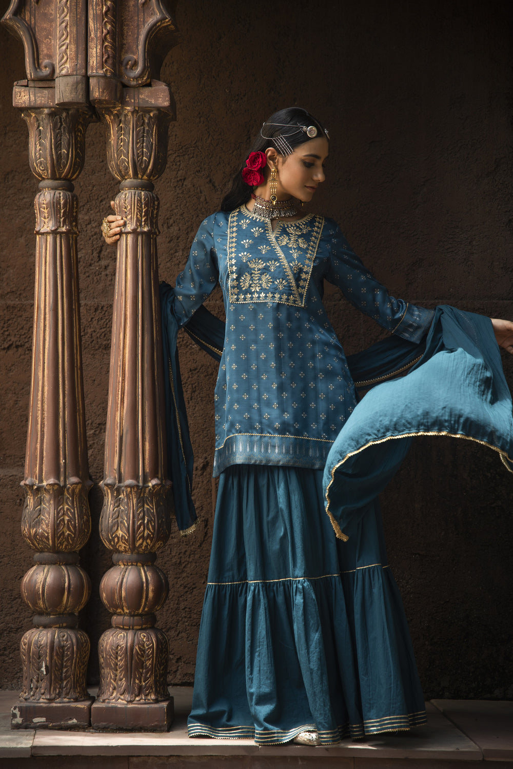 Juniper Teal Satin Slub Festive Embroidered Printed Straight Kurta Skirt Dupatta For Women | Grocsy