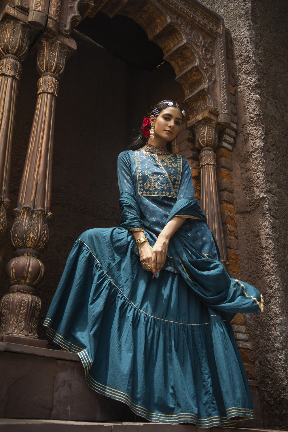 Juniper Teal Satin Slub Festive Embroidered Printed Straight Kurta Skirt Dupatta For Women | Grocsy