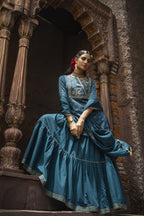 Juniper Teal Satin Slub Festive Embroidered Printed Straight Kurta Skirt Dupatta For Women | Grocsy
