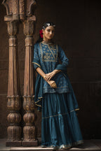 Juniper Teal Satin Slub Festive Embroidered Printed Straight Kurta Skirt Dupatta For Women | Grocsy