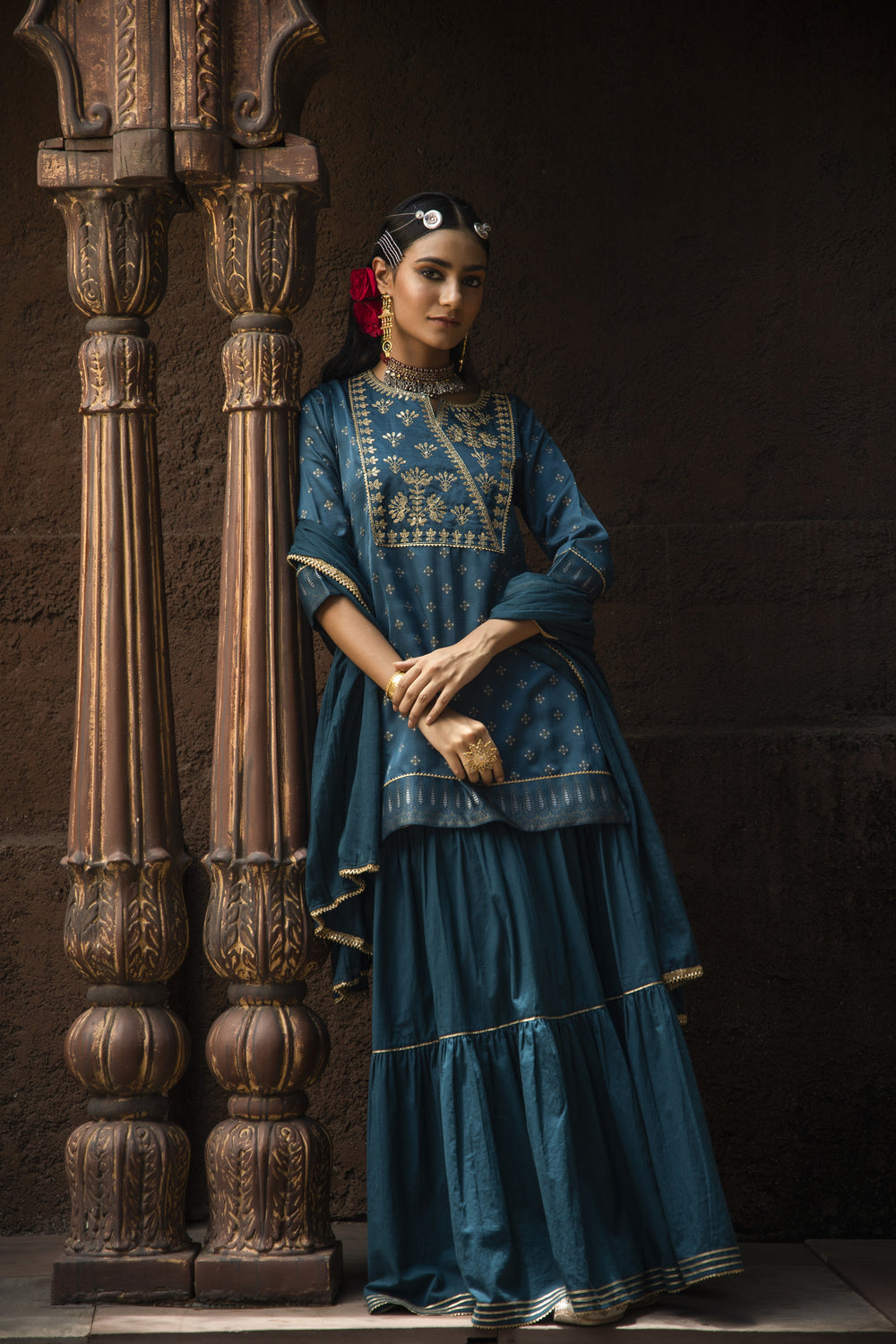 Juniper Teal Satin Slub Festive Embroidered Printed Straight Kurta Skirt Dupatta For Women | Grocsy