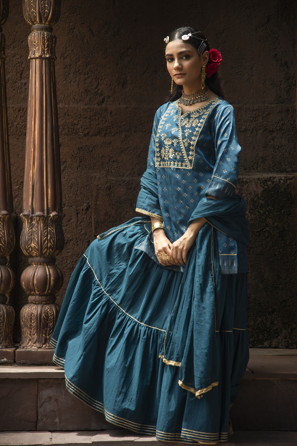 Juniper Teal Satin Slub Festive Embroidered Printed Straight Kurta Skirt Dupatta For Women | Grocsy